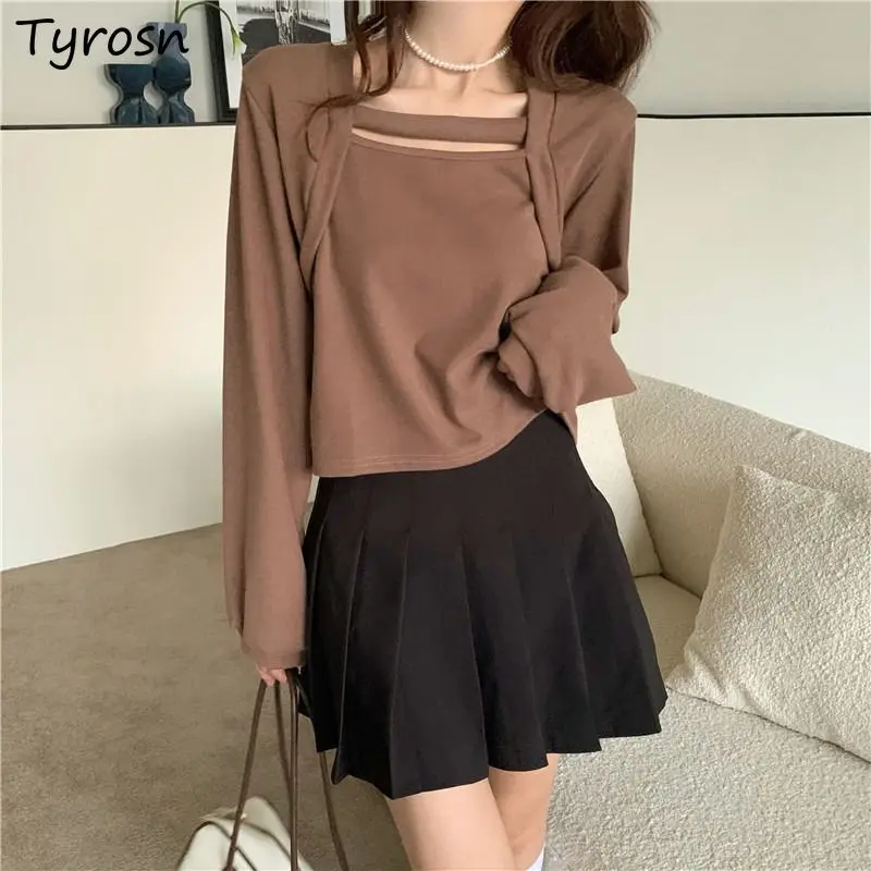 

T-shirts Women Fake Two Pieces Design Retro Pure Popular Minimalist Cropped Students Daily All-match Korean Style Spring Leisure