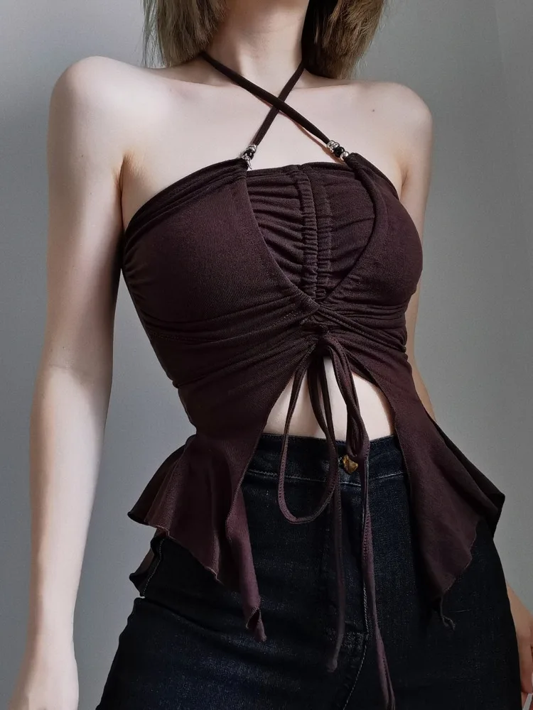 

WOMONGAGA 2022 Trend New Sexy Hot Girl Retro Cross Camisole Summer Solid Color Folds Fungus Edge Tight Tank Tops Z6GD