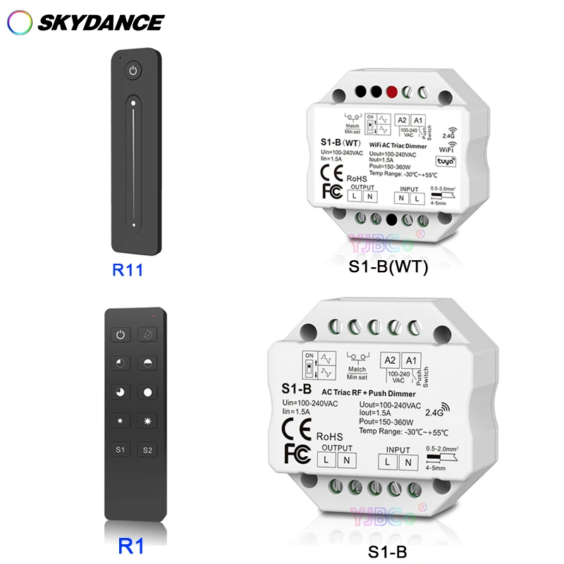 S1-B WT Wifi AC Triac RF Dimmer R1/R11 Remote 2.4G 1.5A 150W-360W single color led Lamp Push Dimmer Switch Controller 110V-220V