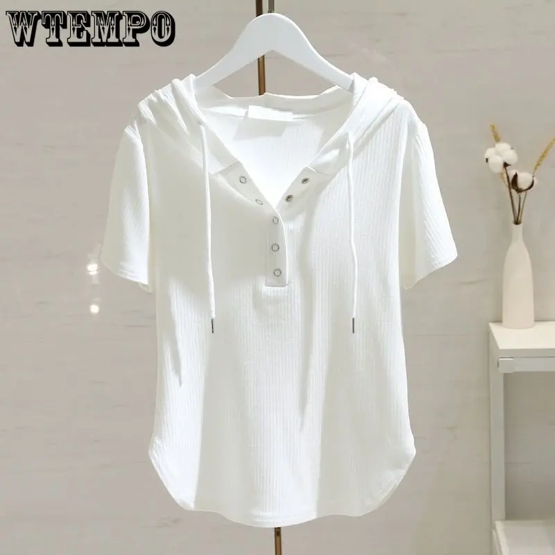 

White Drawstring Hooded T-shirt Women Short Sleeved Top Loose Casual Preppy Style Plain Simple Casual Korean Fashion Summer