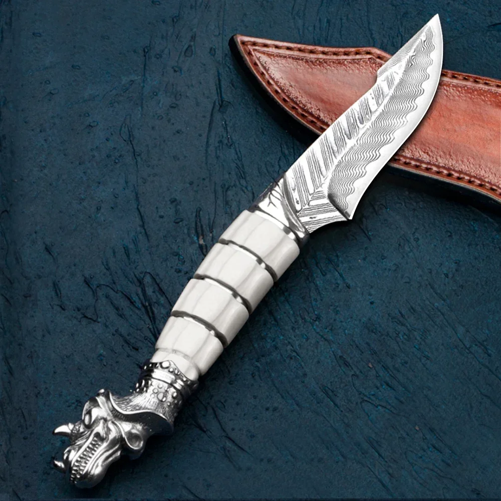 Дамасский нож Dragon King — охотничий ручной работы с ручкой из старых рогов