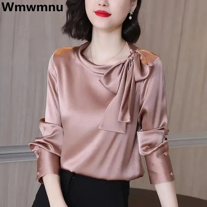 

Smooth Satin Design Bow French Elegant Shirts O-neck Long Sleeve Spring Blouse Solid Casual Korean Tops New Female Trendy Blusas