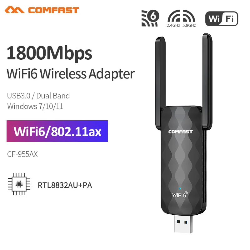 

Comfast WiFi 6 USB Adapter 1800Mbps USB3.0 Wi-fi Dongle 802.11ax Dual Band 2.4G/5Ghz Wireless Network Card Windows 7/10/11