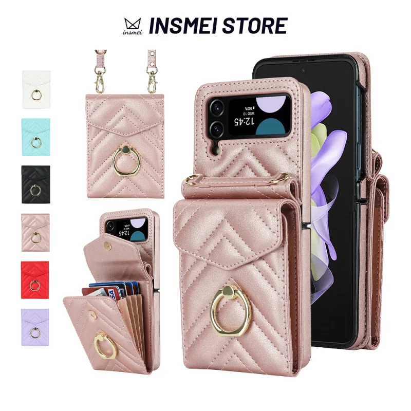 

Модная сумка-кошелек через плечо для Samsung Galaxy Z Flip 5 4 3, с длинным ремешком, кожаный чехол для телефона, розовое золото