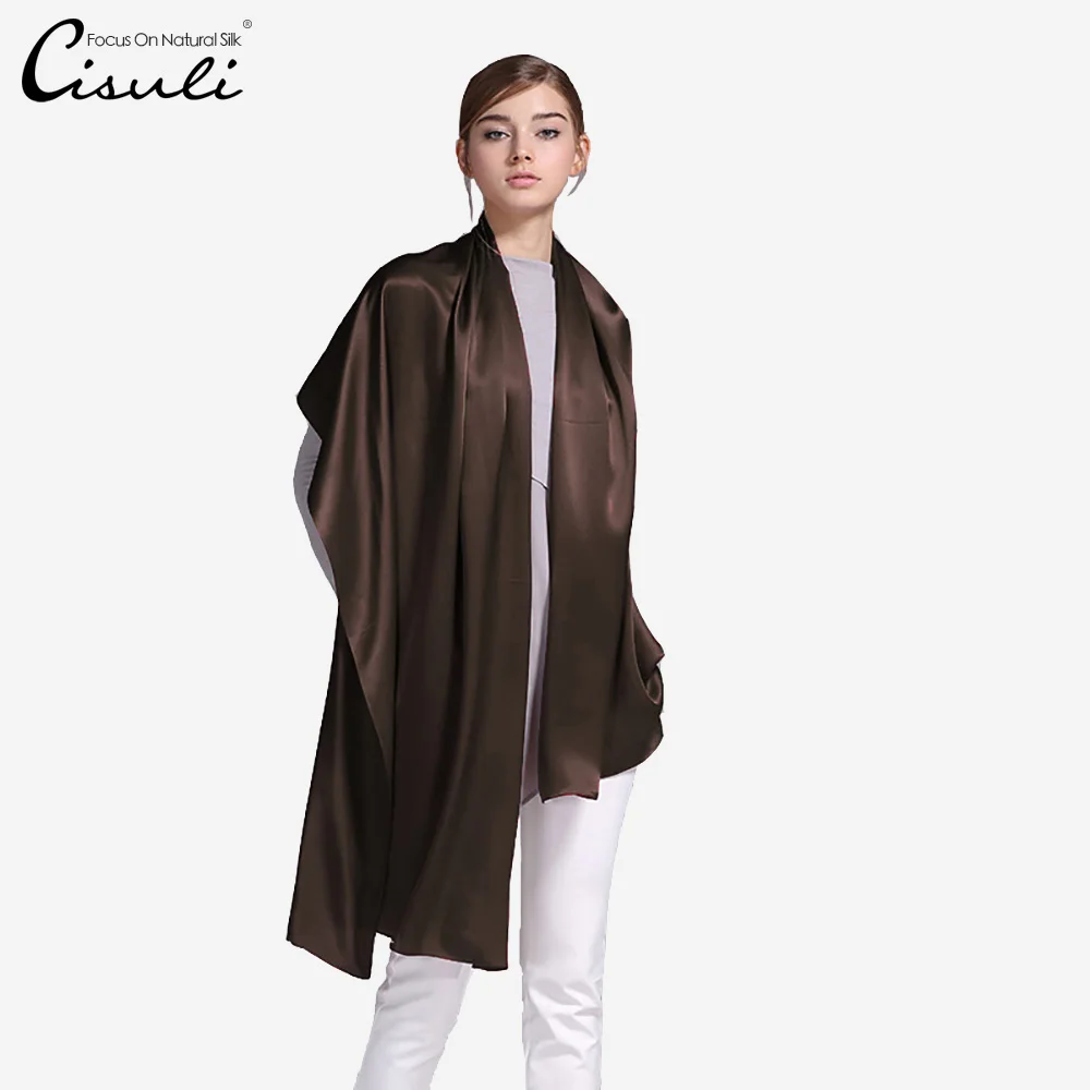 

100% шелк тутового шелкопряда атласный шарф из чистого шелка Женская длинная шаль 55 х180 см однотонный темно-коричневый 41