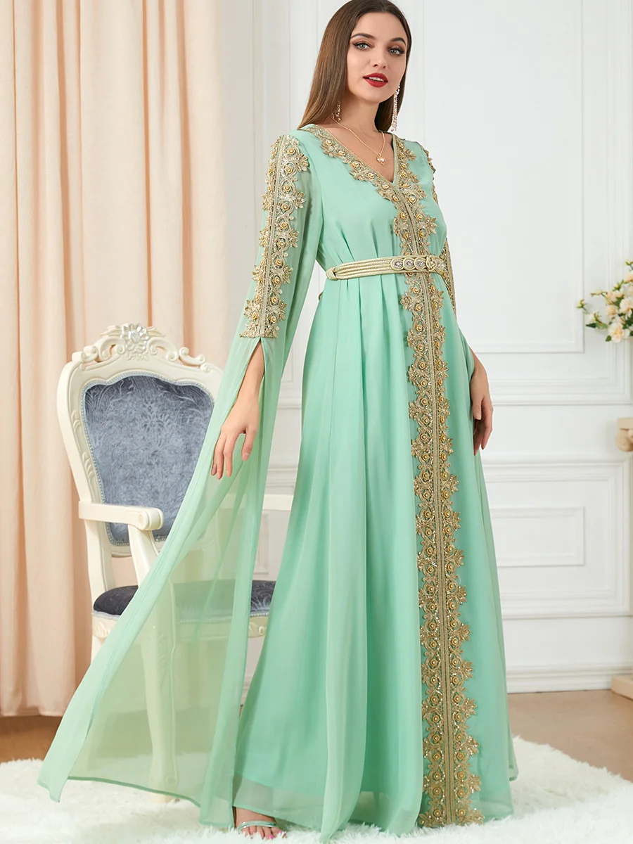 Muslim Women V-neck Dress Abaya Party Dresses Long Sleeve Abayas Middle East Dubai Turkey Islam Kaftan Robe Longue Vestidos Eid
