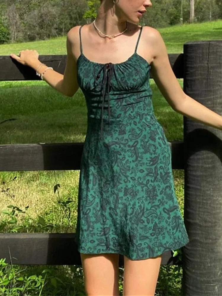 

Women Paisley Print Green Suspender Dress Spring Summer 2023 New Ladies Lace-Up Square Collar Sleeveless Sexy Slim Robes
