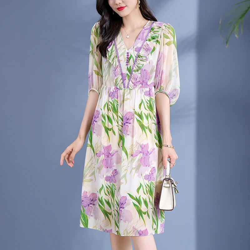 Summer Vintage Dresses For Women 2023 Elegant Fashion V-neck Lantern Sleeve Woman Floral Dress A-line Women's Long Midi Dress