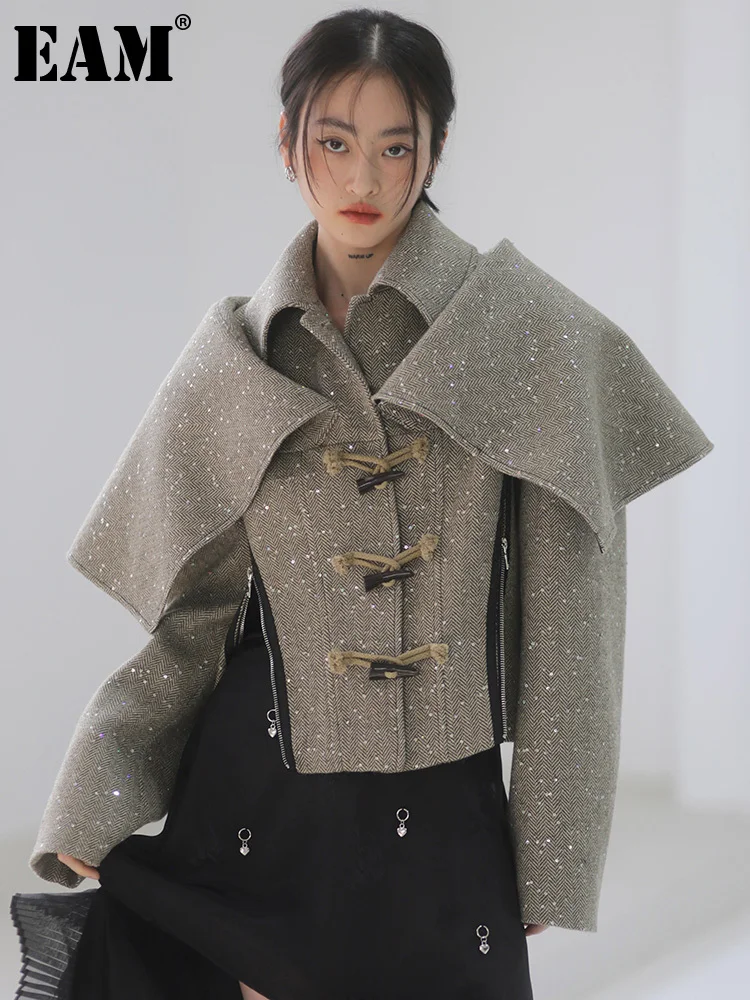 

[EAM] Свободное пальто абрикосового цвета на молнии большого размера, элегантное шерстяное пальто, парки, новинка, с длинным рукавом, женская ...