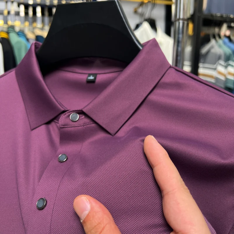 

Летняя Высококачественная однотонная бесшовная рубашка-поло DYXUE из ледяного шелка с короткими рукавами модная трендовая мужская деловая Повседневная рубашка с отложным воротником