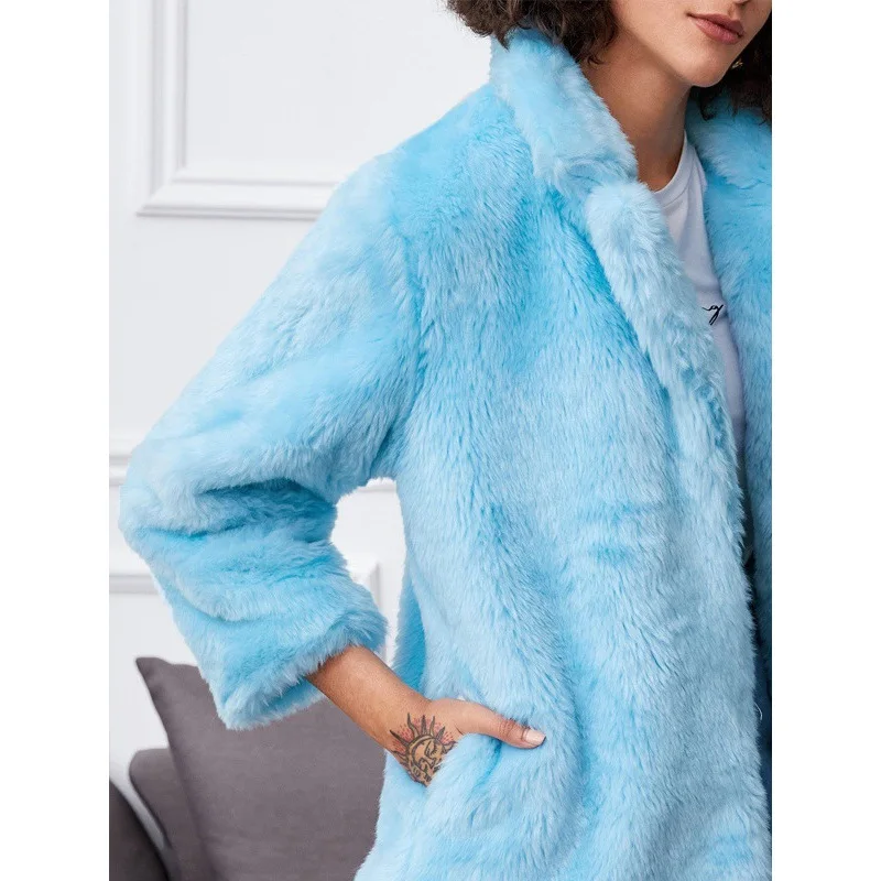 Women's Fur Jacket Winter Faux Fur Coat Women's, Blue Lapel Whole Leather Leather Fur Coat Faux Fur Coat