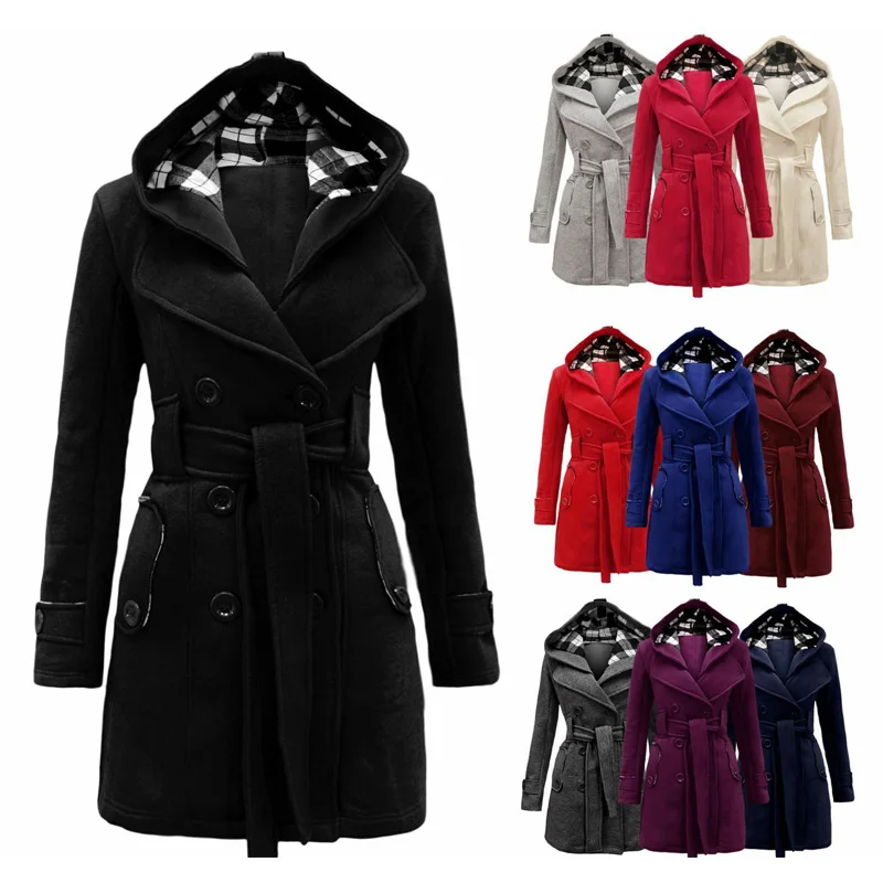 

Spring Autumn Mid-length Women's Solid Color Hooded Jacket Casual Double-breasted Women's Belt Hooded Warm Long Jacket