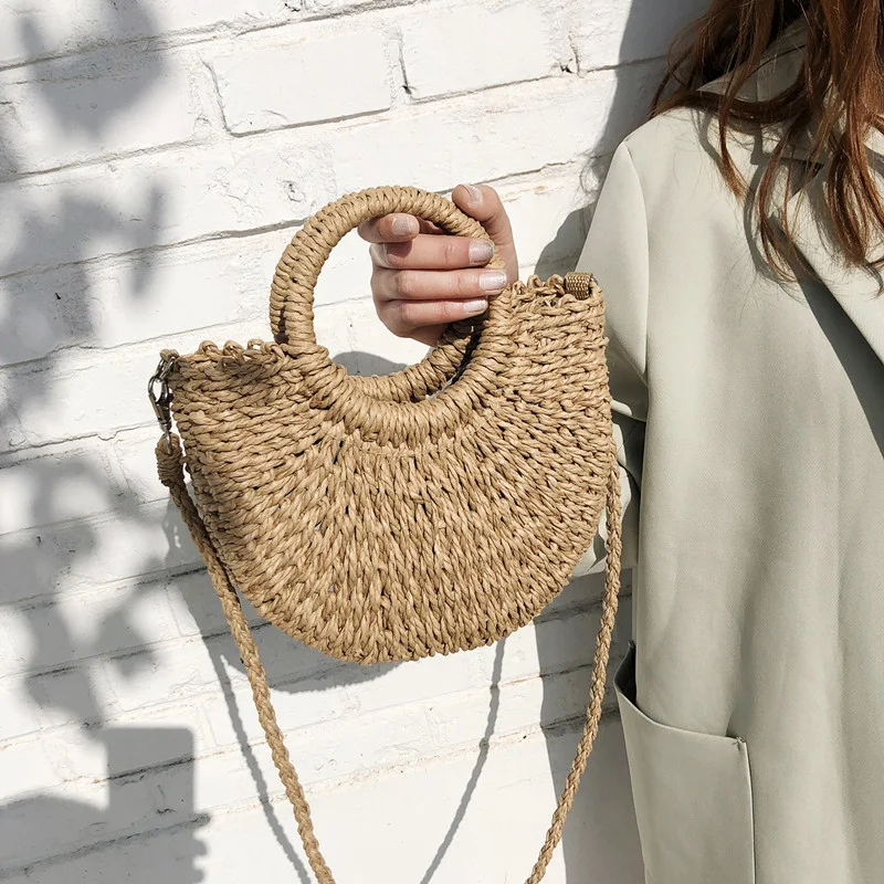 

Handmade Half-Round Rattan Woven Straw Crossbody Bag Summer Beach Women Messenger Shoulder Bags Girls Small Handbag
