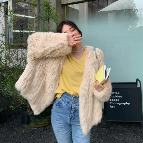 

Real 2023 Autumn Winter Casual Rex Rabbit Fur Jackets Women Korean Fashion Knited Fur Coat Female Manteau Femme Gxy1256