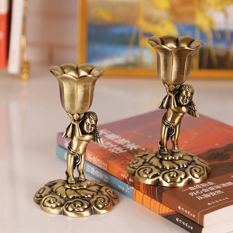 Vintage Angel Candle Holder Metal Zinc Alloy Candlestick 2Pcs Ornament Crafts for Home Dining Table Romantic Dinner Decoration