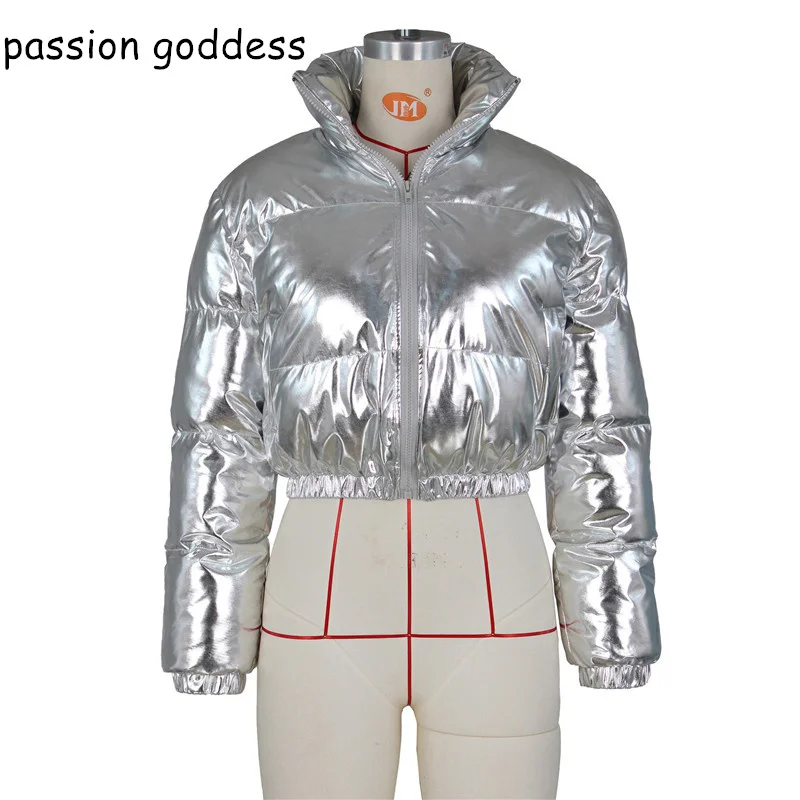 New 2022 Fashion Streetwear Winter Women Padded Crop Jackets Parkas Stand Collar Zipper Bright Puffer Jacket Warm Coats Ladies