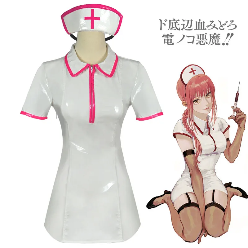 

Anime Chainsaw Man Cosplay Makima Power Patent Leather Nurse Uniform Dress Hair Hoop Gloves Stockings Suit Halloween Costume