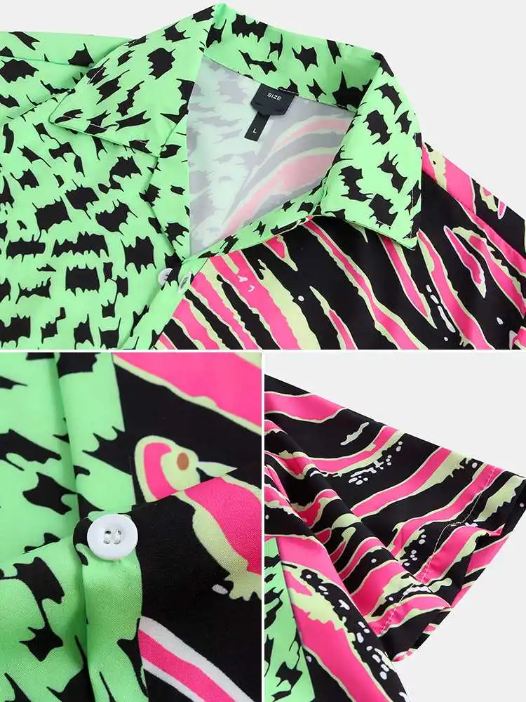 CharmkpR Fahsion Hot Sale Men's Tops Leopard Printing Zebra Stripe Blouse Casual Streetwear Patchwork Short Sleeve Shirts M-2XL