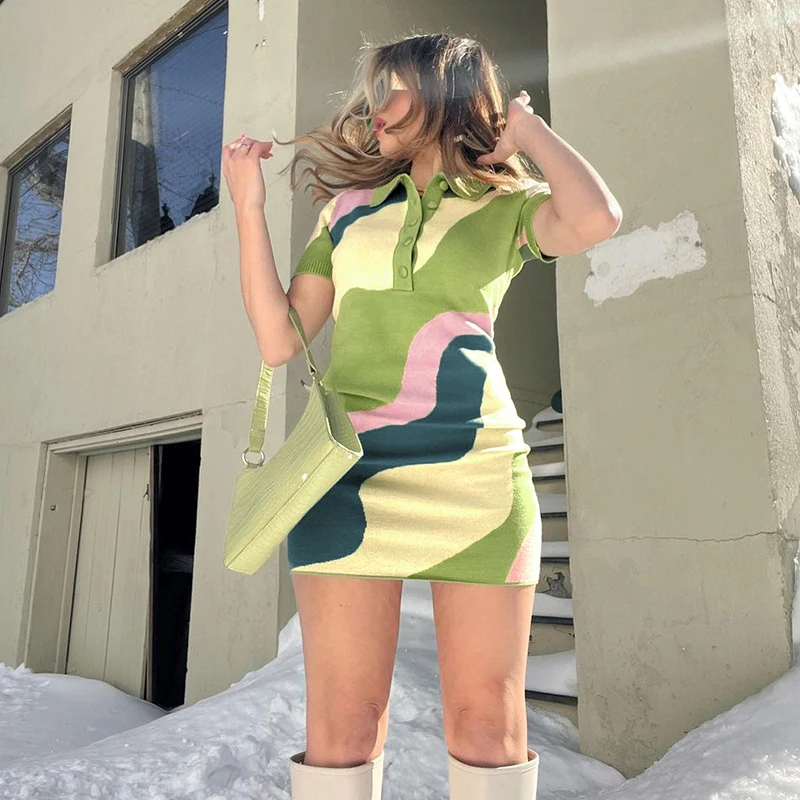 

WeiYao Contrast Print Knitted Dresses For Women 2022 Shorts Sleeve Casual Beach Holiday Sundress Button Up Bodycon Mini Dress