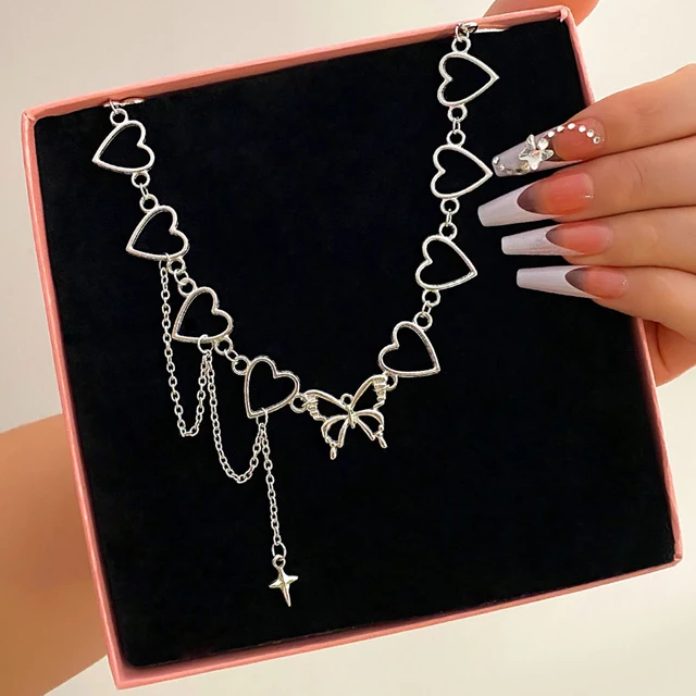 

Simple Hip Hop Butterfly Tassel Choker Necklace For Women Teens Girls Punk Link Chain Heart Cross Necklace Party Fashion Jewelry