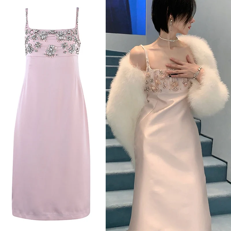 

Luxury Diamonds Beading Dresses for Women Sweet Elegant Sexy Spaghetti Strap Midi Women Summer Dress 2023 Vestidos Evening Party