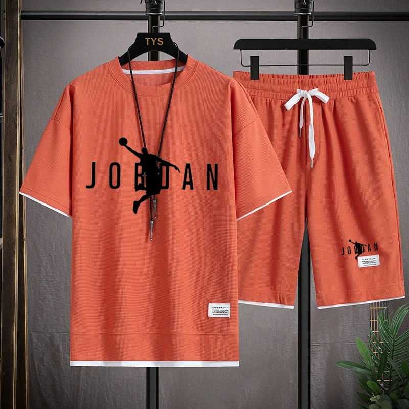 Men's Sportswear Casual Short Sleeve Sports Suit 2 Pieces T-Shirt Shorts Korean Style Jogging Suit Summer Fashion