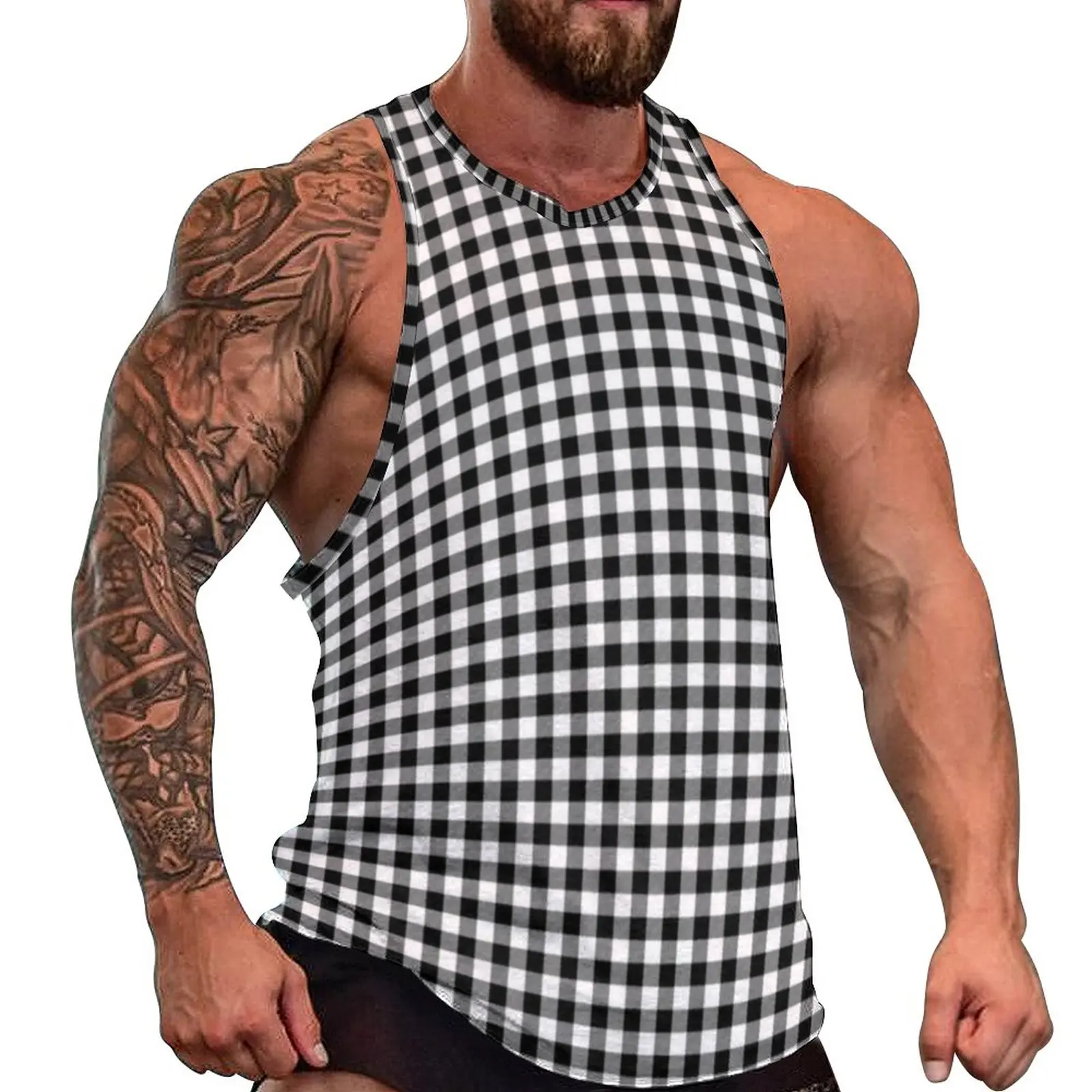 

Retro Checkerboard Tank Top Male White And Black Check Muscle Tops Summer Workout Custom Sleeveless Shirts Large Size