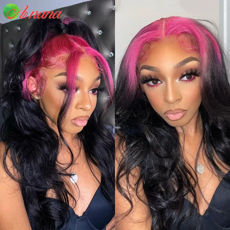 13x4 Body Wave Lace Frontal Wig Transparent Lace 180% Density Green Blue Pink Roots Human Hair Wig Pre-Plucked Remy Body Wig