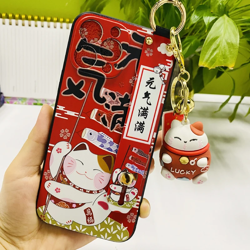 3D Emboss Lucky Cat Phone Case For iPhone X XS XR 11 12 13 14 Pro MAX 7 8 Plus Soft Back Cover Wrist Strap case Coque