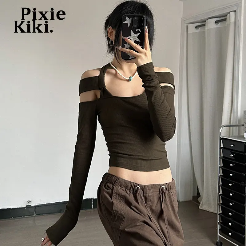 

Топ PixieKiki с открытыми плечами и длинным рукавом, Укороченная рубашка в рубчик, модная блуза в уличном стиле для женщин