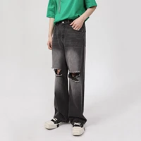 four seasons korean version personality hole design trend jeans straight wide leg pants splicing hole design ins hot sale jeans