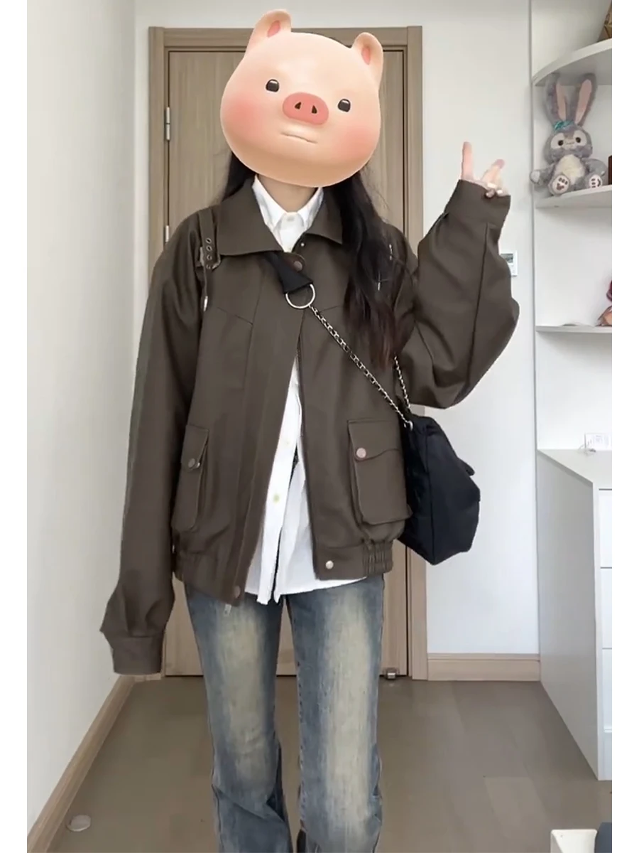 American vintage Design PU Leather Coat Outerwear Women Autumn and Winter New Sweet Cool Gyaru Motorcycle Clothing Loose All-...