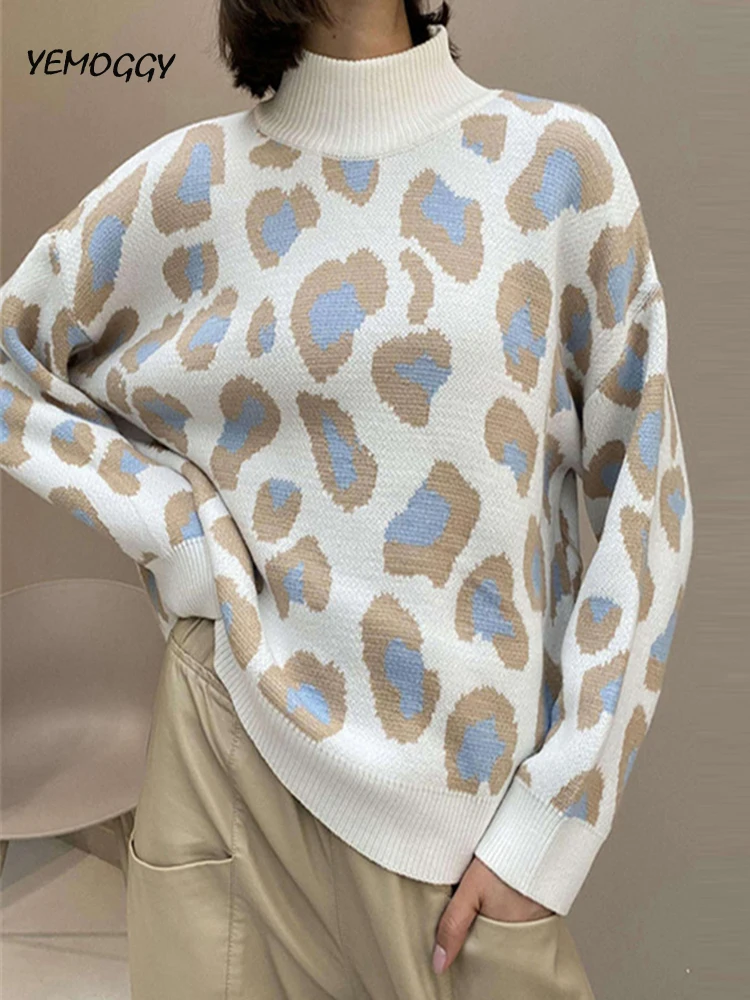 

Fashion Half Turtleneck Leopard Print Pullovers Autumn Winter Sweater 2022 New Women Long-sleeved Temperament Knit Tops sweater