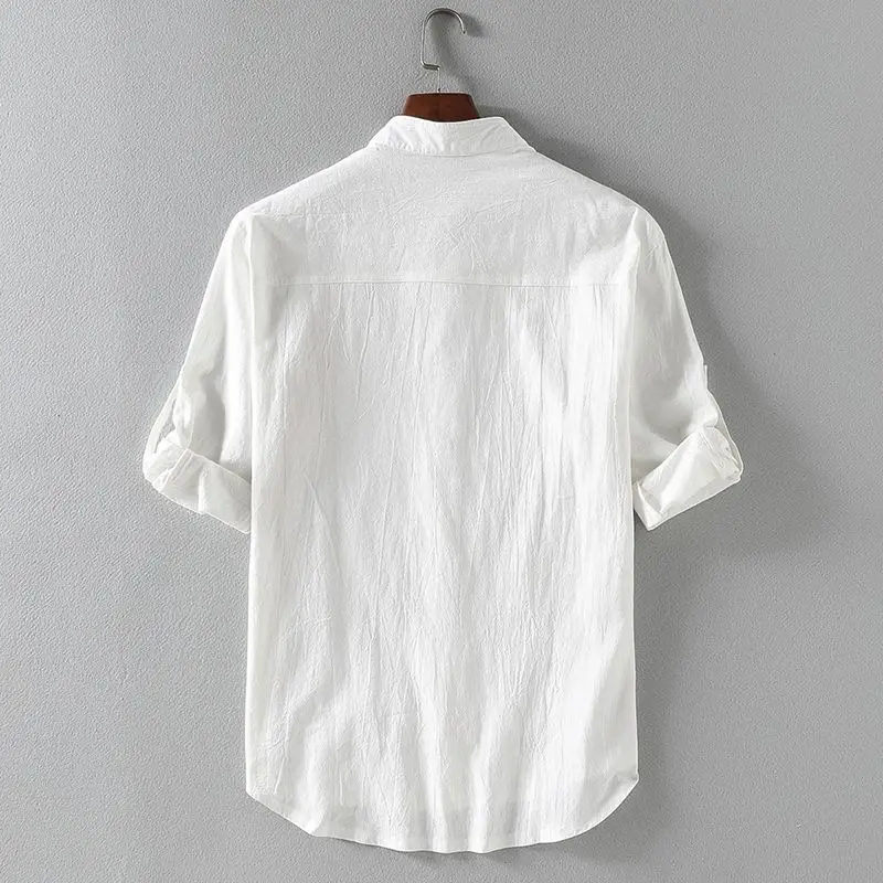 Cotton Linen Hot Sale Men's Short-Sleeved Shirts Summer Solid Color White Stand-Up Collar Casual Beach Style  5xl E75