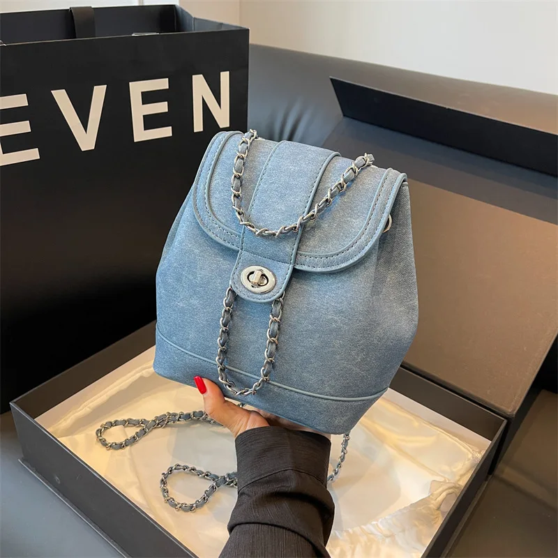 

2023 New Trend Fashion Denim Casual Chain School Mini Backpack For Girl Student Women Free Shipping