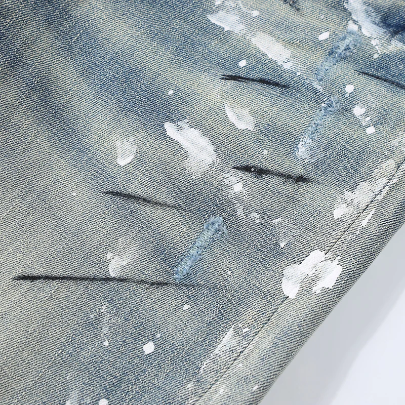 High Street Fashion Men Jeans Retro Blue Elastic Stretch Skinny Fit Ripped Jeans Men Painted Designer Hip Hop Brand Pants Hombre