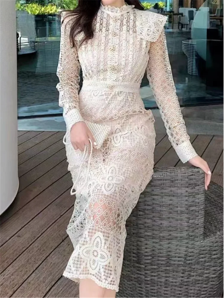 Женское винтажное платье с длинным рукавом элегантное кружевное высокой талией