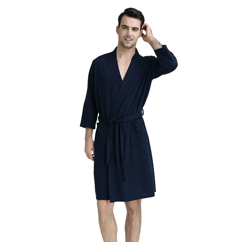 Waffle Transparent Bathrobe Men Summer Thin Robe Shower Women Plaid Dressing Gown Knee Length Breathable Nightgown Home Cloth