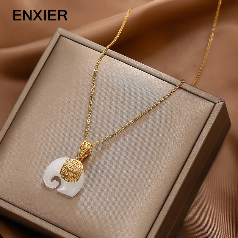 

ENXIER Fashion Elegant Jade Elephant Pendant Necklace Woman 316L Stainless Steel Metal Chain Jewelry Accessories Ladies Gift