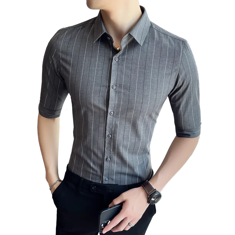 2022 Classic Striped Shirts for Men Summer Half Sleeve Slim Casual Shirt Business Formal Dress Shirts Social Party Tuxedo Blouse