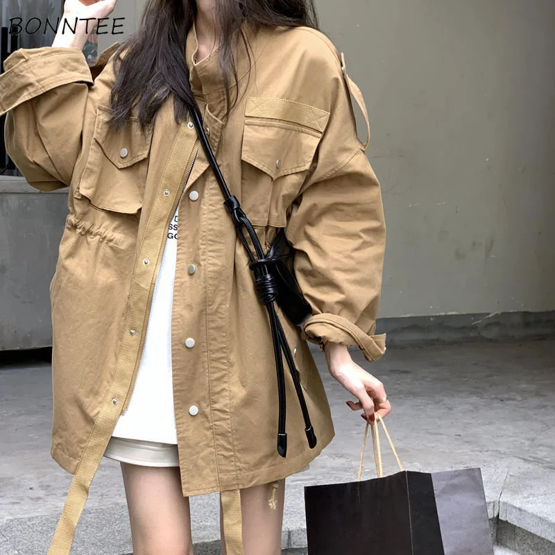 

Baggy Khaki Jackets Women BF Safari Style Streetwear Chic Spring New Stand Collar All-match Vintage Student Ulzzang Fashion OOTD
