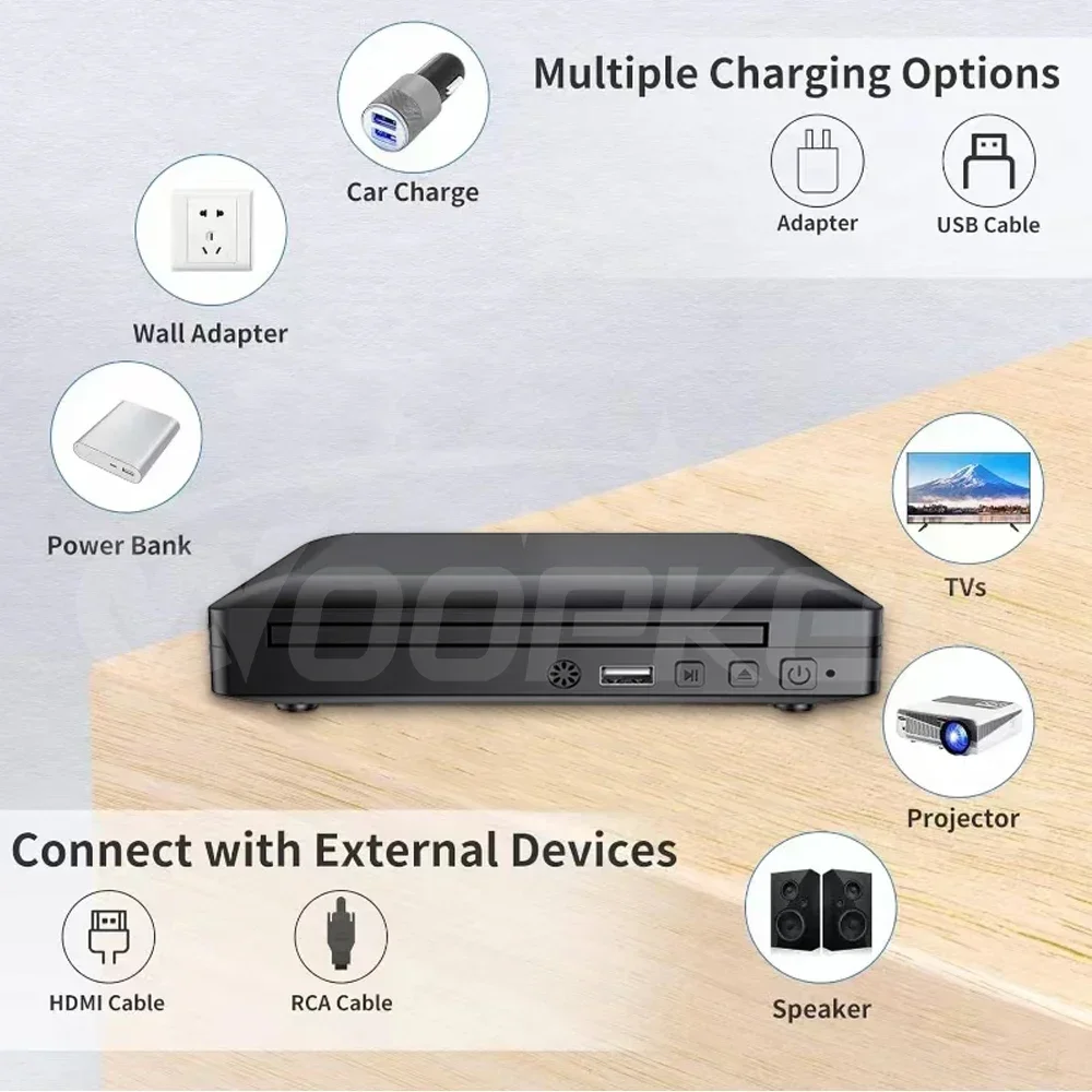 Фото Мини-DVD-плеер Woopker M218 с HD и RCA-кабелем 1080P PAL/NTSC USB 2.0 Портативный CD-плеер для дома, путешествий, бесплатный универсальный №4