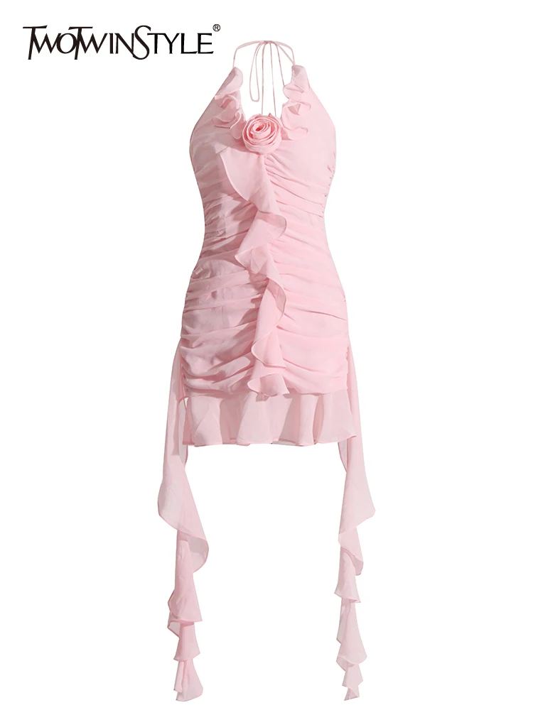 

TWOTWINSTYLE Patchwork Floral Dresses For Women Halter Sleeveless High Waist Folds Elegant Dress Female Fashion Style Clothing