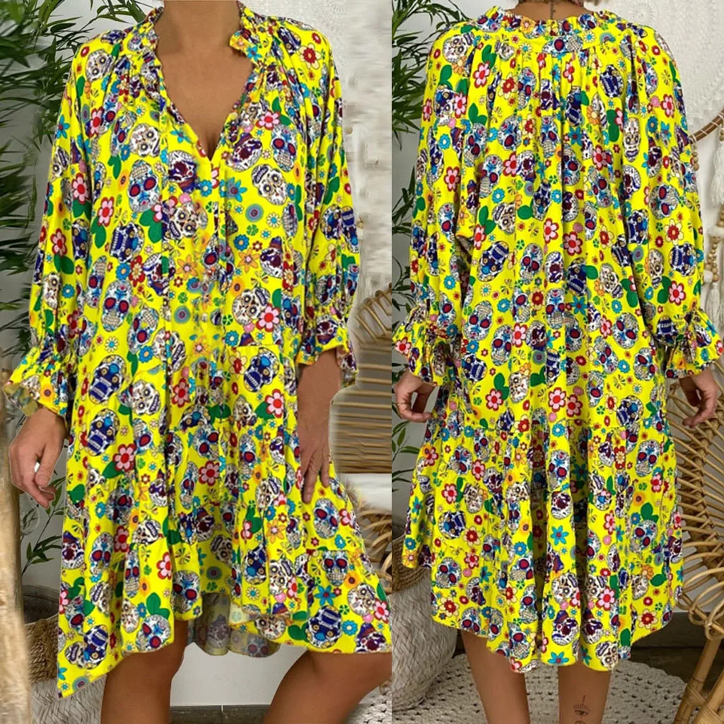 

Harajuku Gothic Dresses Women's Plus Size Bohemian Flora Printed Dresses Long Sleeve V-collar Mini Dress