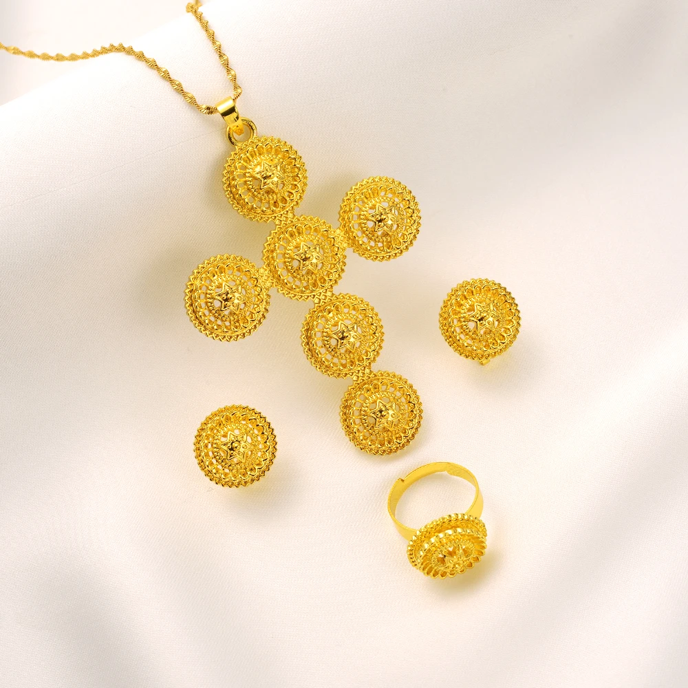 

Bangrui Personality Gold Color Cross Jewelry Sets Pendant Necklace Stud Earrings Rings Exquisite African Dubai Jewelry Gifts