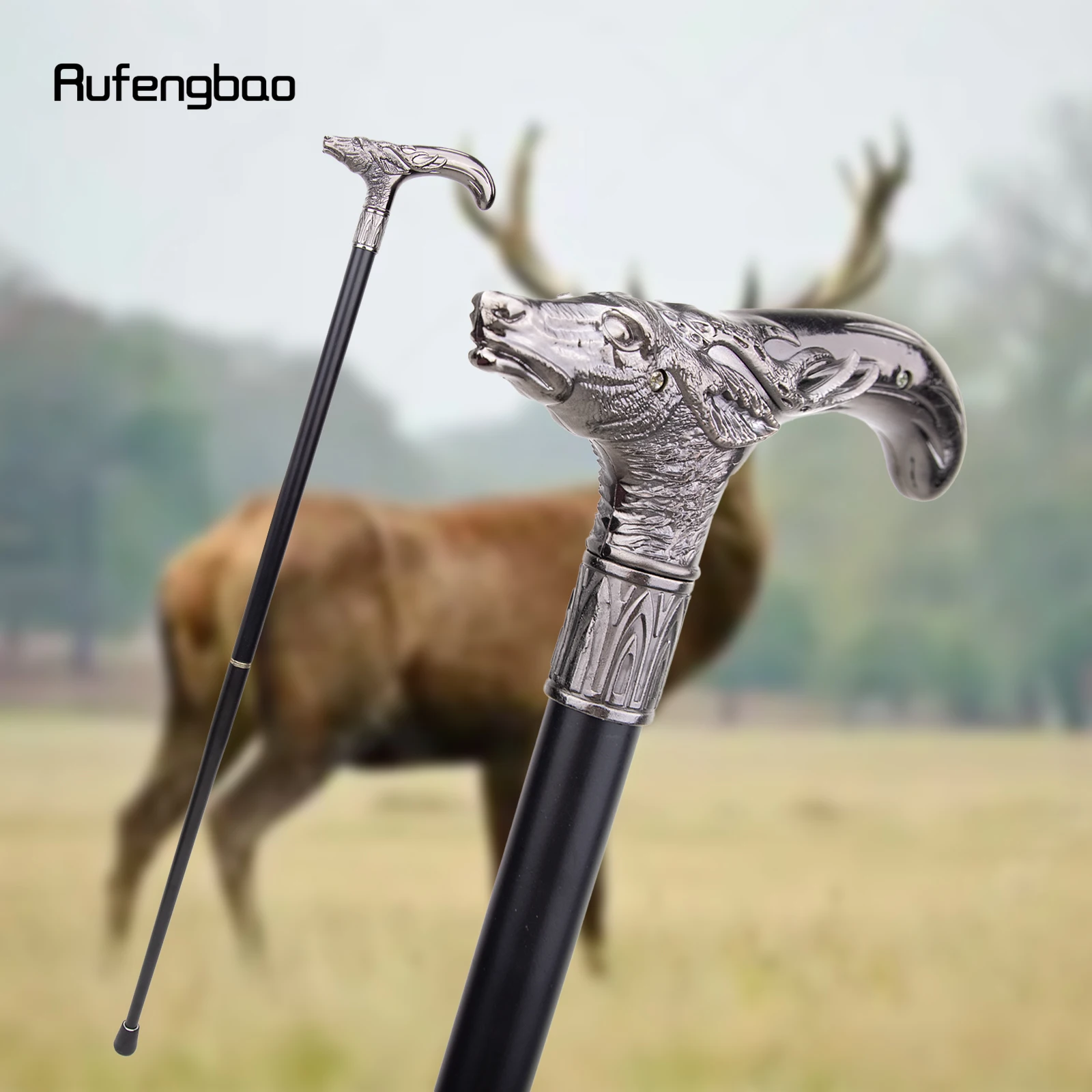 

Sliver Sika Deer Head Walking Stick with 30cm Hidden Plate Self Defense Fashion Cane Plate Cosplay Crosier Stick 93cm