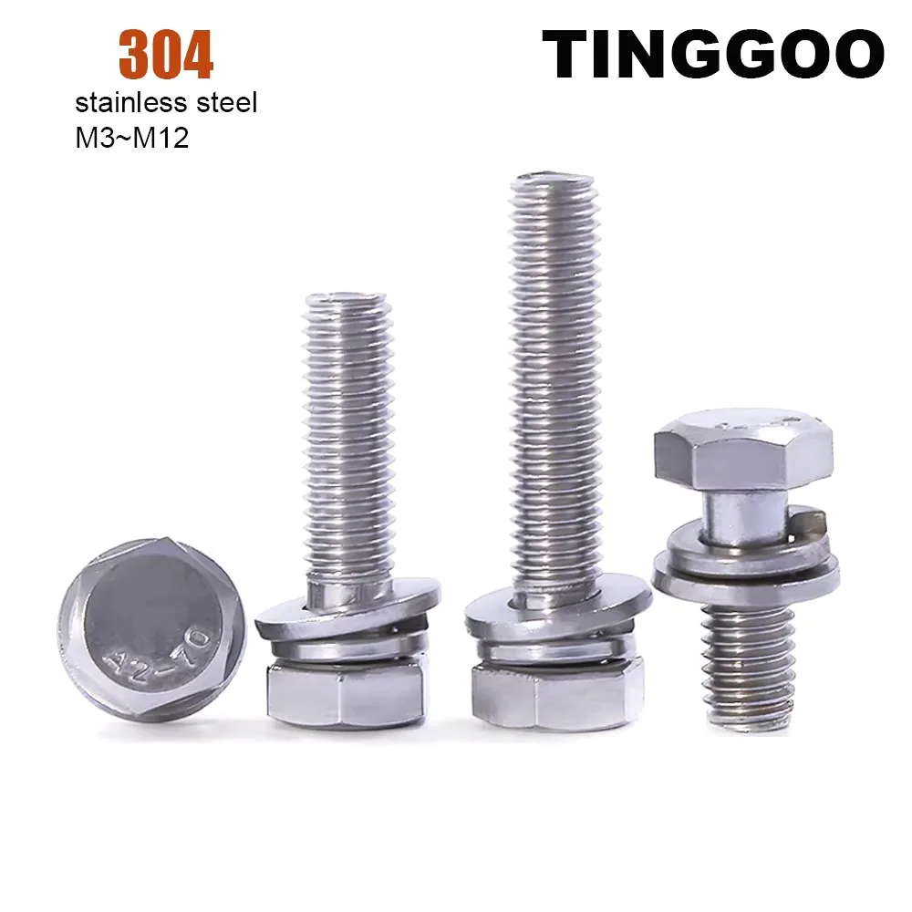 

1/20 шт. M3 M4 M5 M6 M8 M10 M12 304 Нержавеющая сталь Внешний шестигранный винт с шестигранной головкой SEMS Винт с плоской шайбой Пружинная прокладка Сборный болт