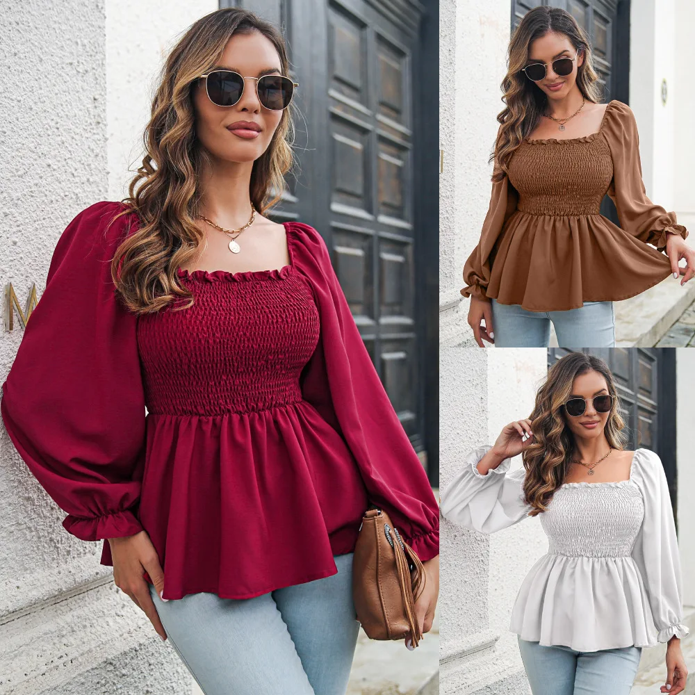 

2022 autumn and winter new women's long sleeved shirt, casual ear side square collar long sleeved shirt chiffon shirt, slim