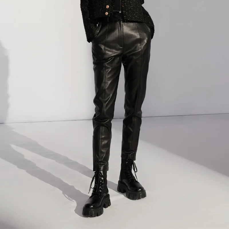 European Style Streetwear PU Leather Pants Women New Autumn High Waist Straight Slim Small Feet Trousers s495
