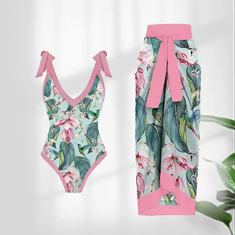 

Print Cross One Shoulder Swimsuit Tube Top Backless Sexy Bikini Two-Piece Slim High Waist Beachwear Chiffon Cover Up 2023